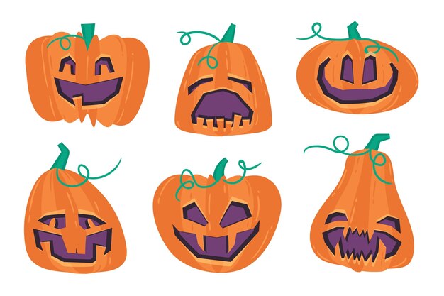 Hand drawn flat halloween pumpkins collection