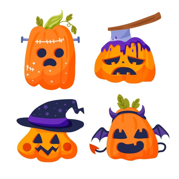 Hand drawn flat halloween pumpkins collection