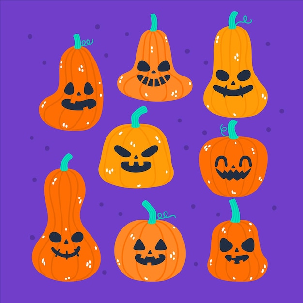 Collezione di zucche di halloween piatte disegnate a mano