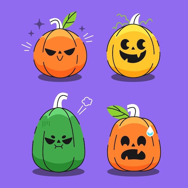 Hand drawn flat halloween pumpkins collection