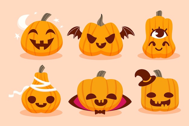 Hand drawn flat halloween pumpkins collection