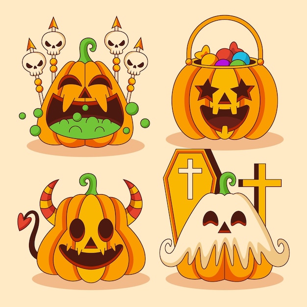 無料ベクター 手描きフラットハロウィンカボチャコレクション