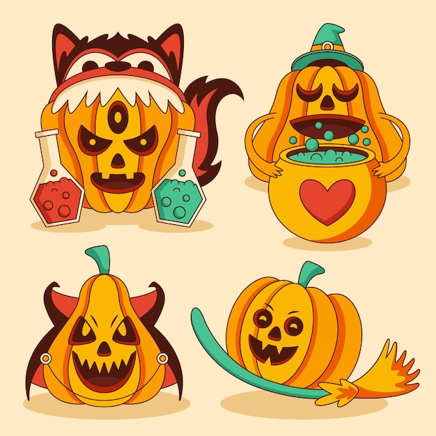 無料ベクター 手描きフラットハロウィンカボチャコレクション