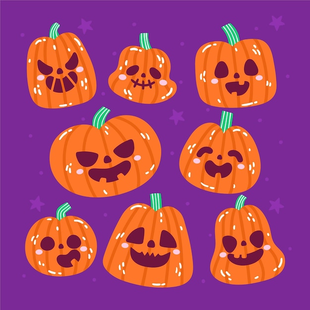 Hand drawn flat halloween pumpkins collection