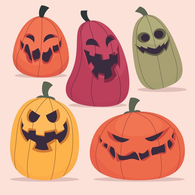 Hand drawn flat halloween pumpkins collection