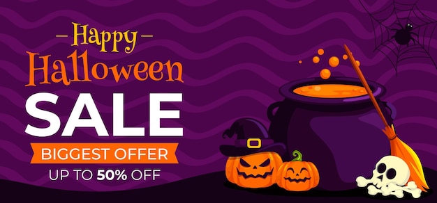 Vettore gratuito banner orizzontale di vendita di halloween piatto disegnato a mano