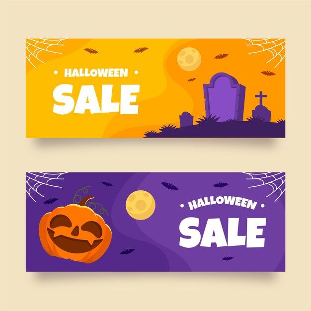 Vettore gratuito set di banner orizzontali di vendita di halloween piatto disegnato a mano