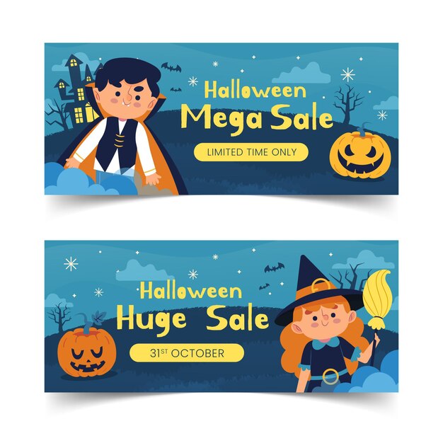 Набор рисованной плоской продажи хэллоуин горизонтальные баннеры