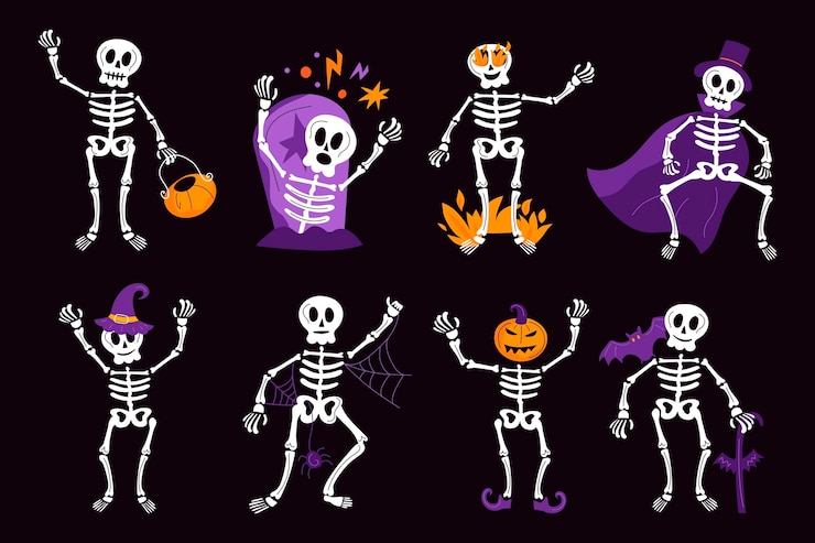 Free Vector hand drawn flat halloween skeletons collection