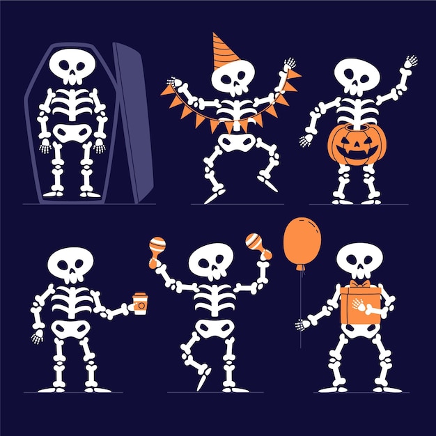 Free vector hand drawn flat halloween skeletons collection