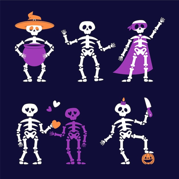 Бесплатное векторное изображение Коллекция рисованной плоских скелетов хэллоуина