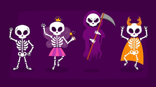 Hand drawn flat halloween skeletons collection