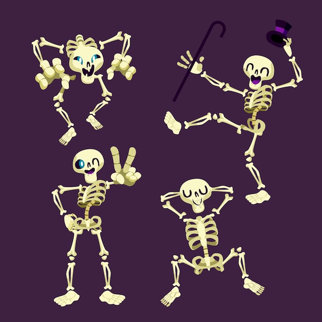 Free vector hand drawn flat halloween skeletons collection