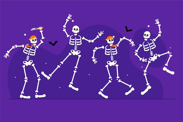 Коллекция рисованной плоских скелетов хэллоуина