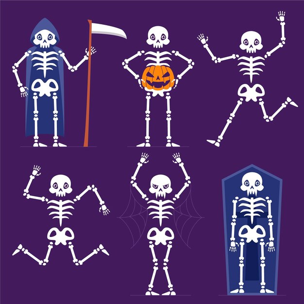 Коллекция рисованной плоских скелетов хэллоуина