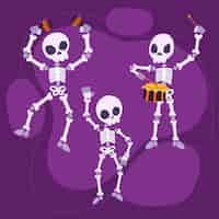 Бесплатное векторное изображение Коллекция рисованной плоских скелетов хэллоуина