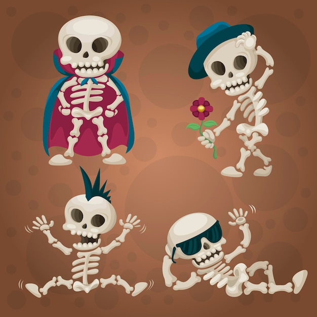 Free vector hand drawn flat halloween skeletons collection