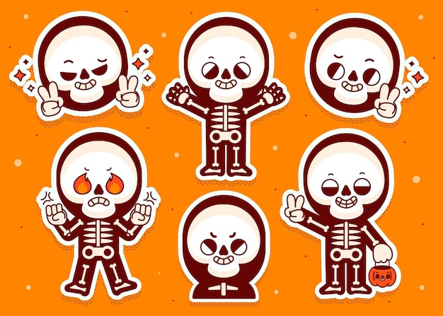 Collezione di scheletri di halloween piatti disegnati a mano