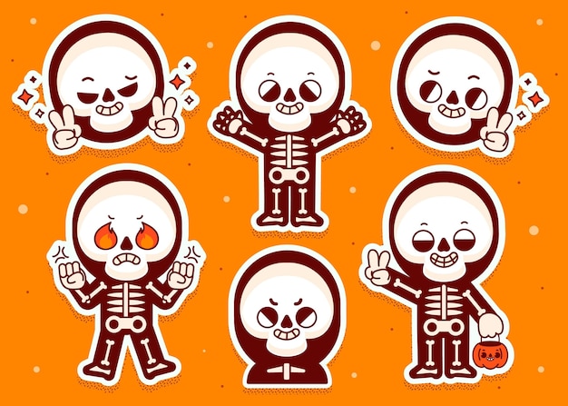 無料ベクター 手描きのフラットハロウィンスケルトンコレクション