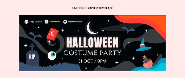 Modello di copertina per social media di halloween piatto disegnato a mano