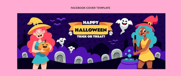 Hand drawn flat halloween social media cover template