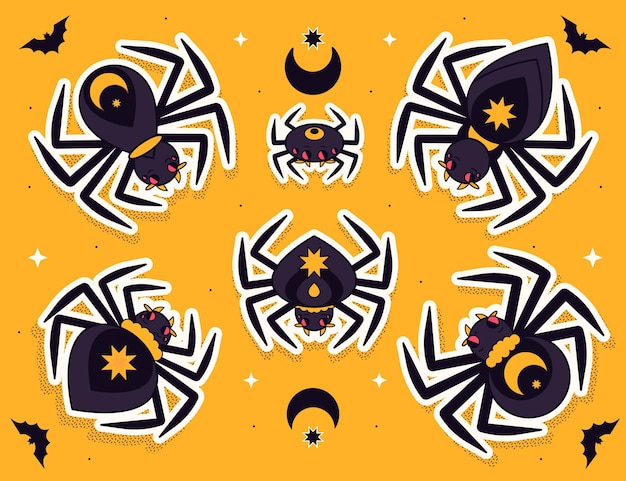 Hand drawn flat halloween spiders collection