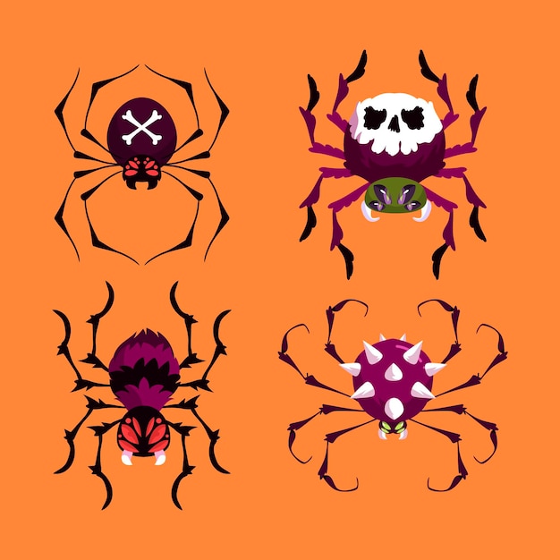 Hand drawn flat halloween spiders collection