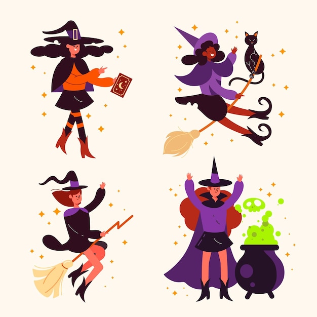 Free vector hand drawn flat halloween witches collection