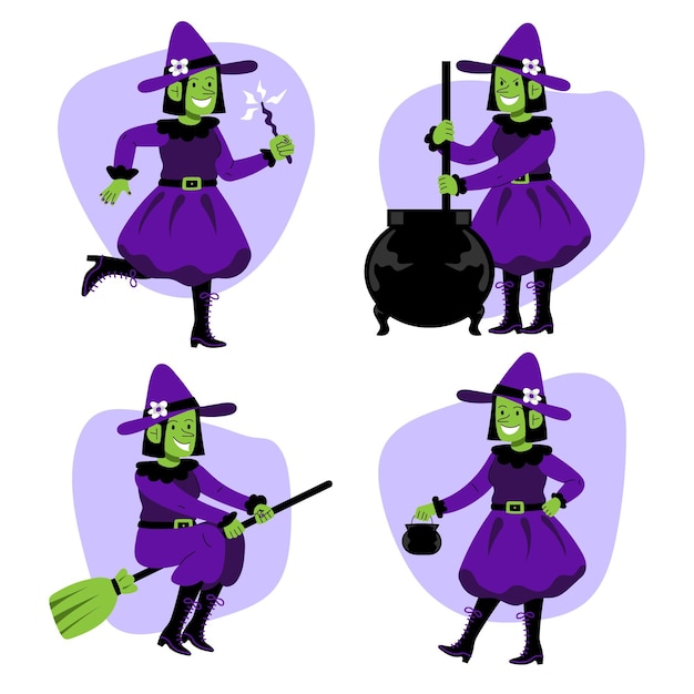 Hand drawn flat halloween witches collection