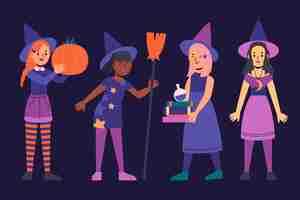 Free vector hand drawn flat halloween witches collection