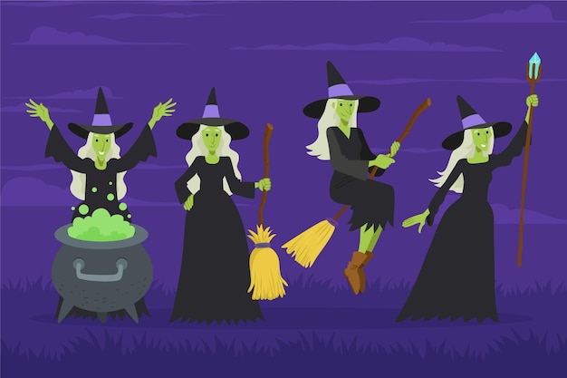 Hand drawn flat halloween witches collection