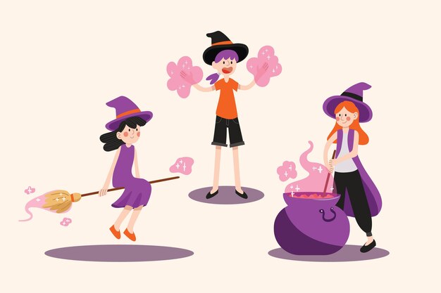 Hand drawn flat halloween witches collection