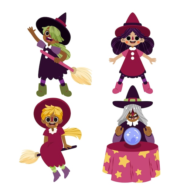 Free vector hand drawn flat halloween witches collection