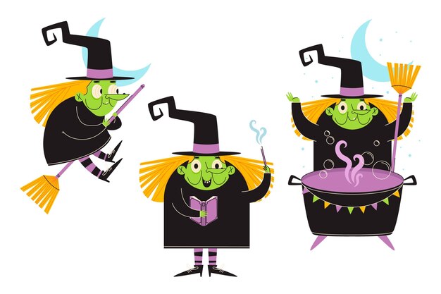 Hand drawn flat halloween witches collection