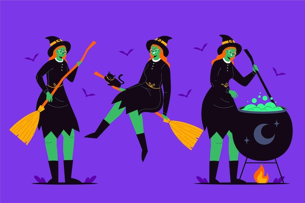 Hand drawn flat halloween witches collection