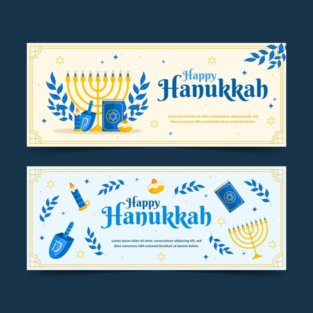 Hand drawn flat hanukkah horizontal banners set