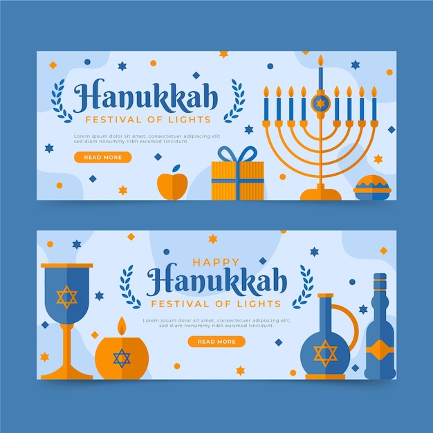 Vettore gratuito set di banner orizzontali di hanukkah piatto disegnato a mano