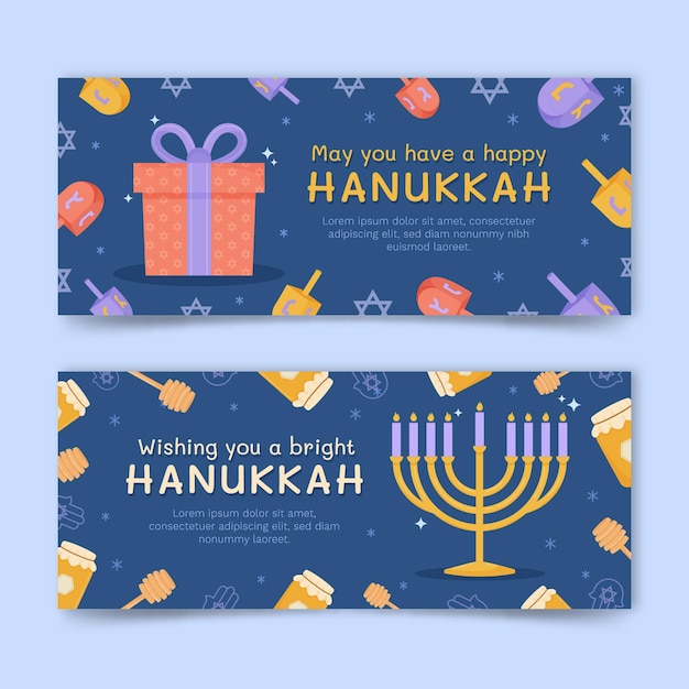 Set di banner orizzontali di hanukkah piatto disegnato a mano