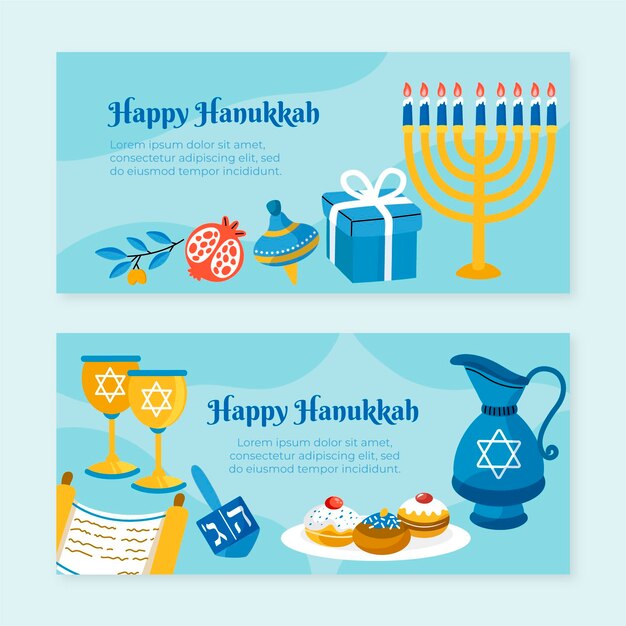 Hand drawn flat hanukkah horizontal banners set