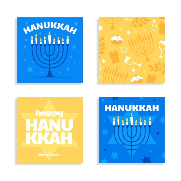 Hand drawn flat hanukkah instagram posts collection