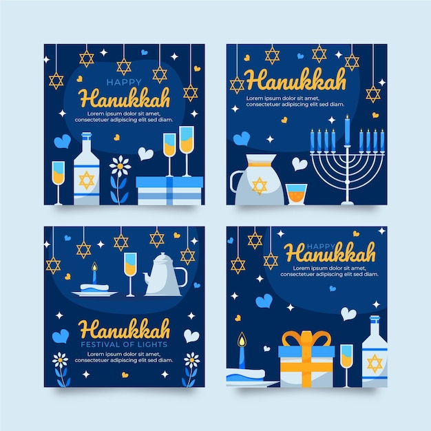 Free vector hand drawn flat hanukkah instagram posts collection