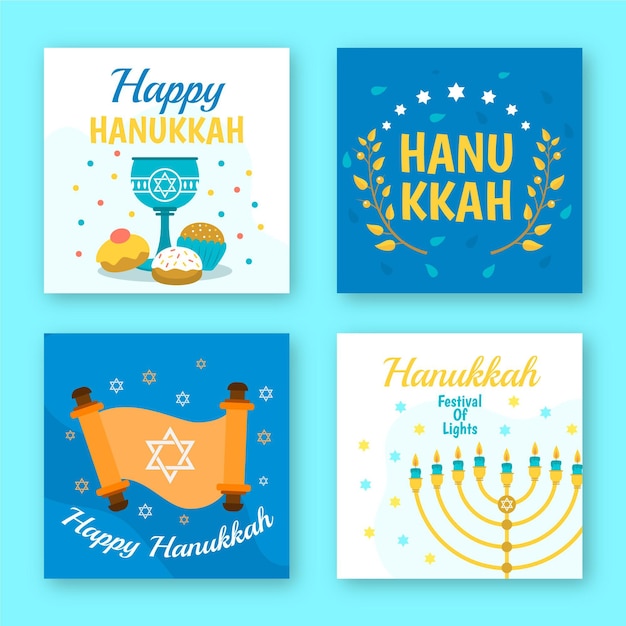 Hand drawn flat hanukkah instagram posts collection