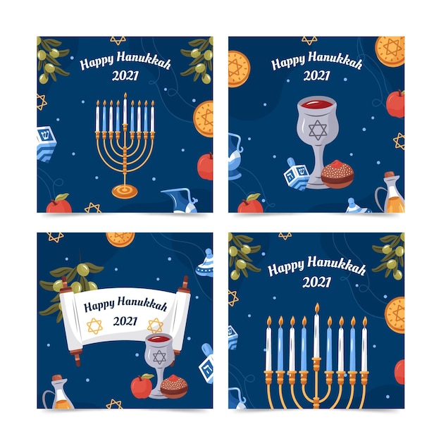 Free vector hand drawn flat hanukkah instagram posts collection