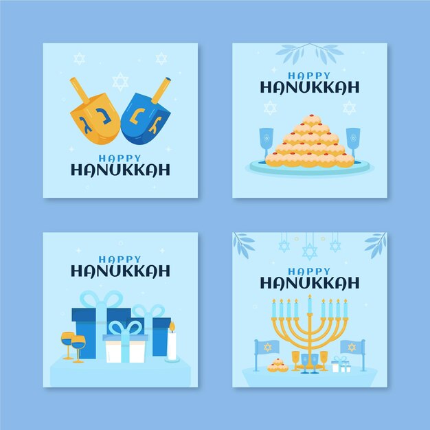 Hand drawn flat hanukkah instagram posts collection