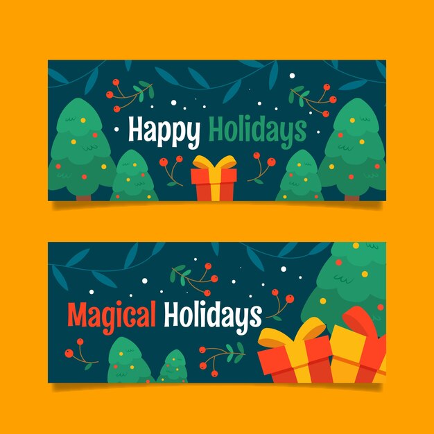 Free vector hand drawn flat happy holidays christmas banners set