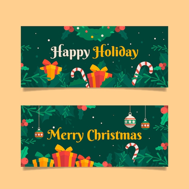 Hand drawn flat happy holidays christmas banners set