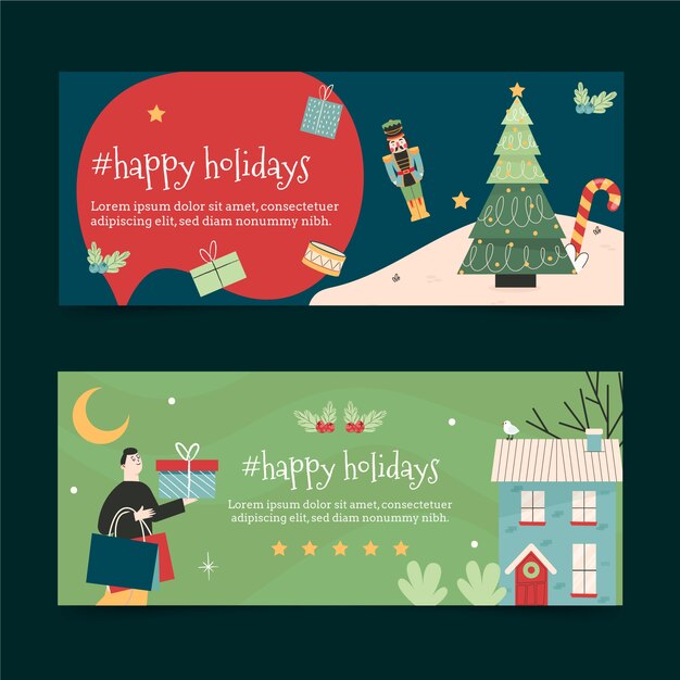 手描きフラット幸せな休日のクリスマスバナーセット