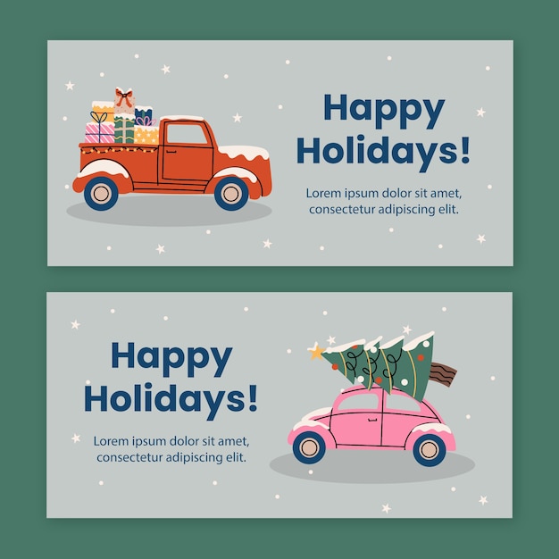 Hand drawn flat happy holidays horizontal banners set