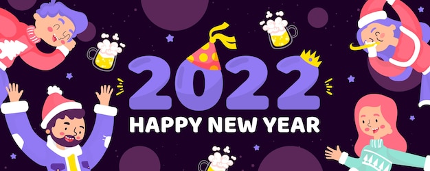 Vettore gratuito banner piatto felice anno nuovo 2022 disegnato a mano