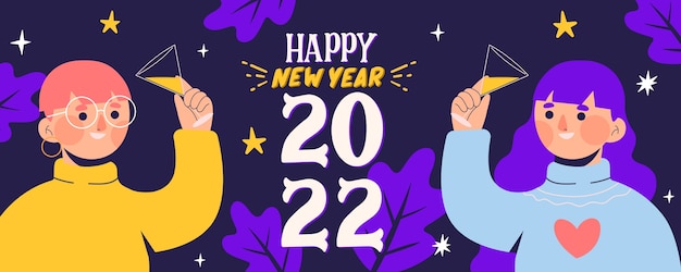 Hand drawn flat happy new year 2022 horizontal banner